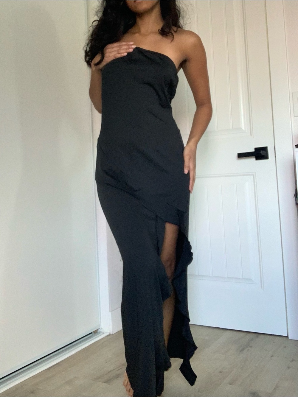 Black Ruffle Side-Slit Slip Dress - Picture 4 of 6